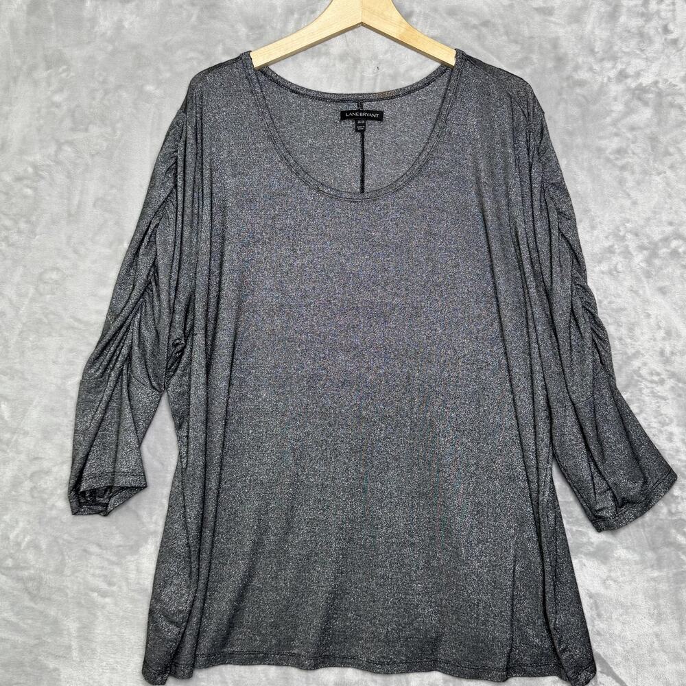 Lane Bryant Shirt Womens 26/28 Black Silver Stretch Ruched Sleeve Scoop Neck